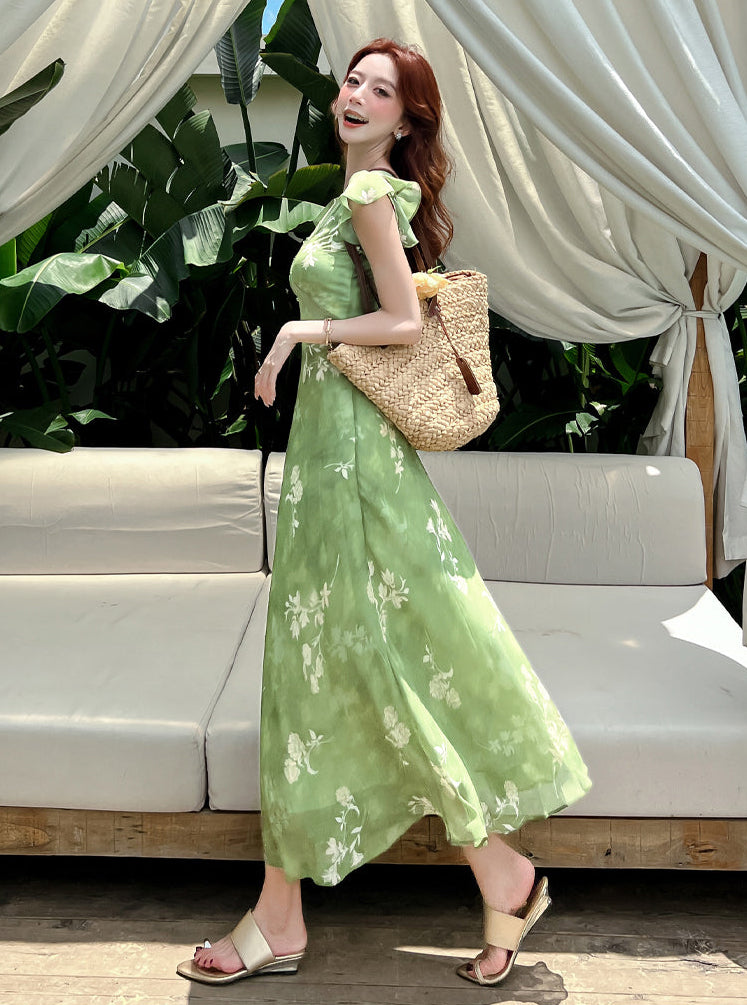 Vintage Floral V-Neck A-Line Maxi Dress with Flutter Sleeves