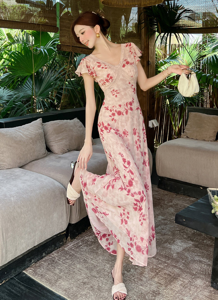 Vintage Floral V-Neck A-Line Maxi Dress with Flutter Sleeves