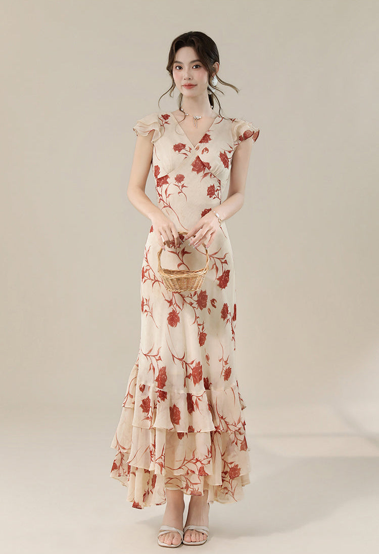 Vintage Floral V-Neck Ruffle Maxi Dress