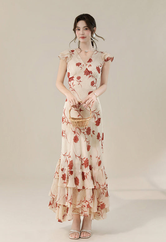 Vintage Floral V-Neck Ruffle Maxi Dress