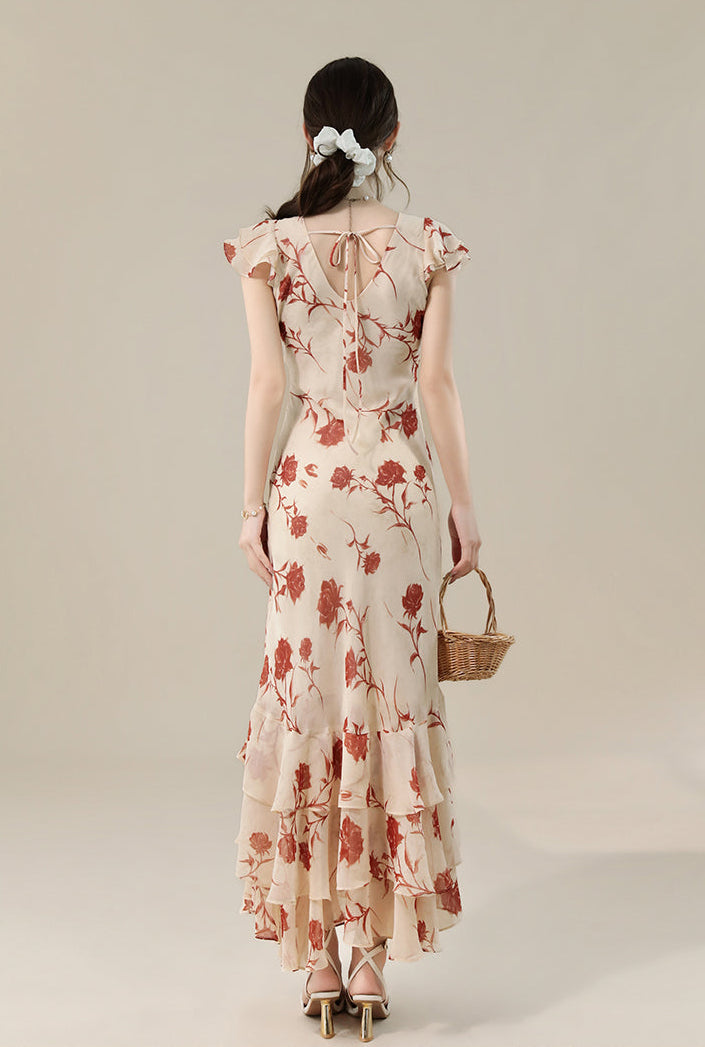 Vintage Floral V-Neck Ruffle Maxi Dress