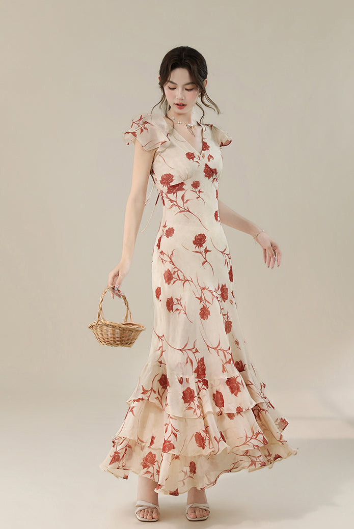 Vintage Floral V-Neck Ruffle Maxi Dress