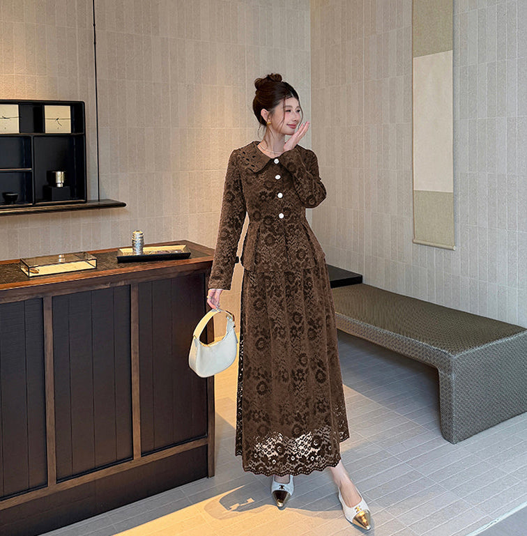 Vintage Gemstone-Button Lace Peplum Top & High-Waist Maxi Skirt Co-Ord