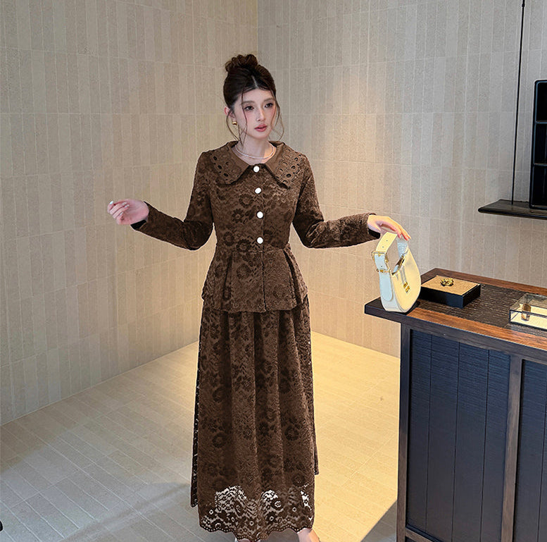 Vintage Gemstone-Button Lace Peplum Top & High-Waist Maxi Skirt Co-Ord