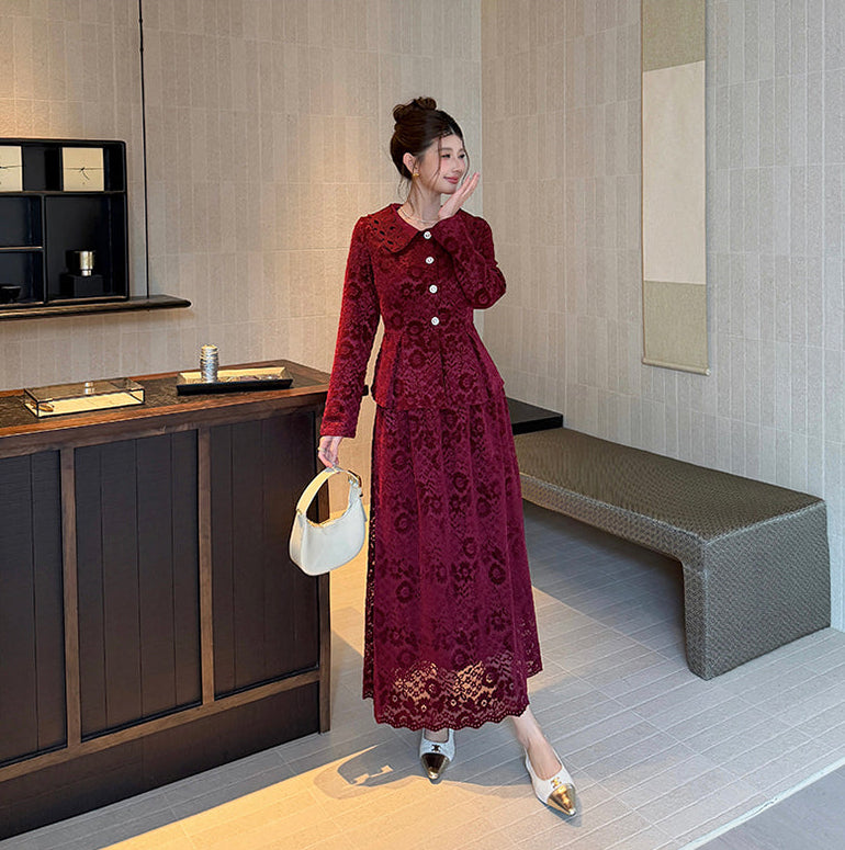 Vintage Gemstone-Button Lace Peplum Top & High-Waist Maxi Skirt Co-Ord