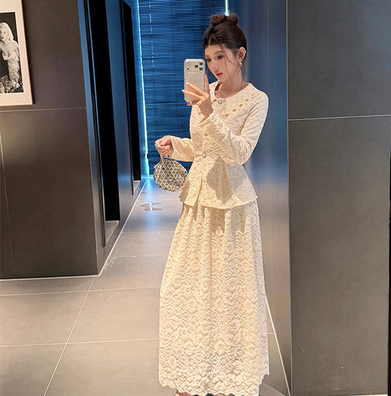 Vintage Gemstone-Button Lace Peplum Top & High-Waist Maxi Skirt Co-Ord