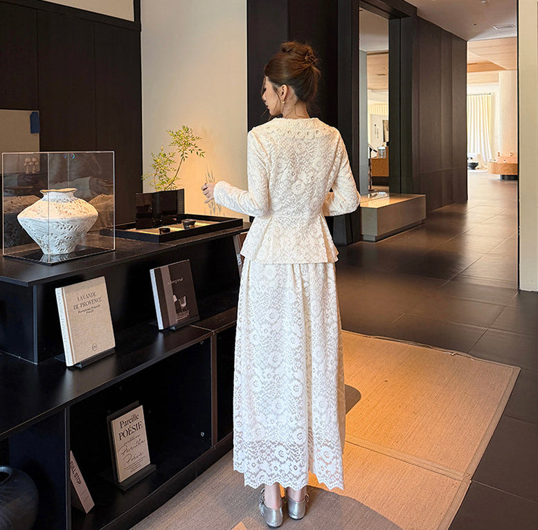 Vintage Gemstone-Button Lace Peplum Top & High-Waist Maxi Skirt Co-Ord