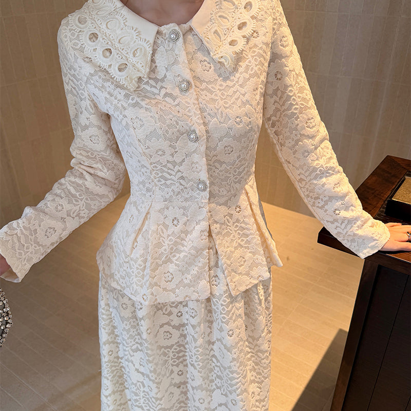 Vintage Gemstone-Button Lace Peplum Top & High-Waist Maxi Skirt Co-Ord