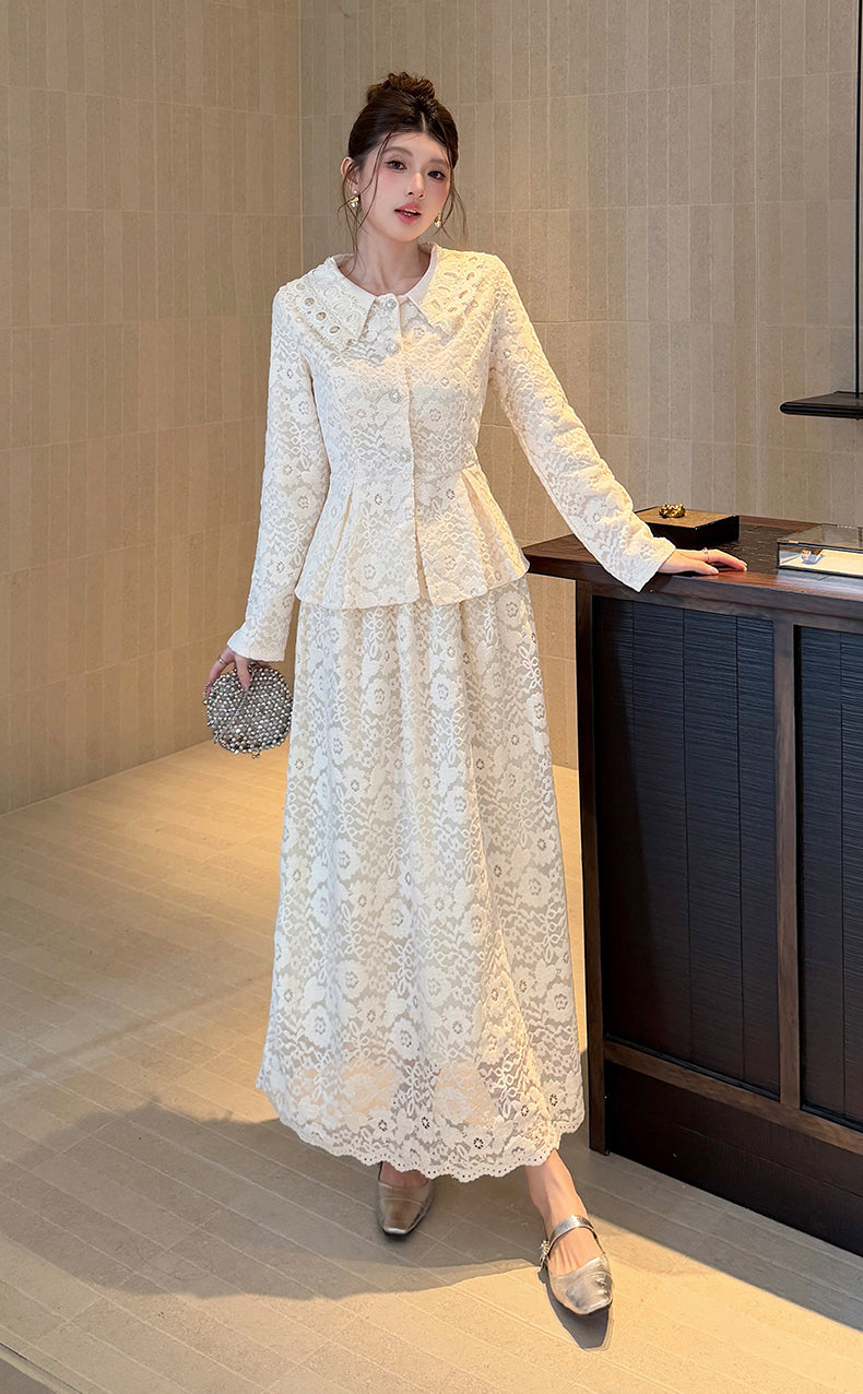 Vintage Gemstone-Button Lace Peplum Top & High-Waist Maxi Skirt Co-Ord