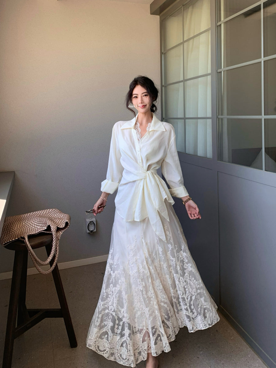 Vintage Grace Tie-Front Shirt & Lace Skirt Co-ord