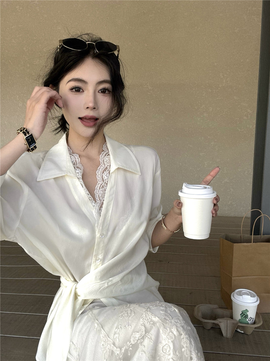 Vintage Grace Tie-Front Shirt & Lace Skirt Co-ord