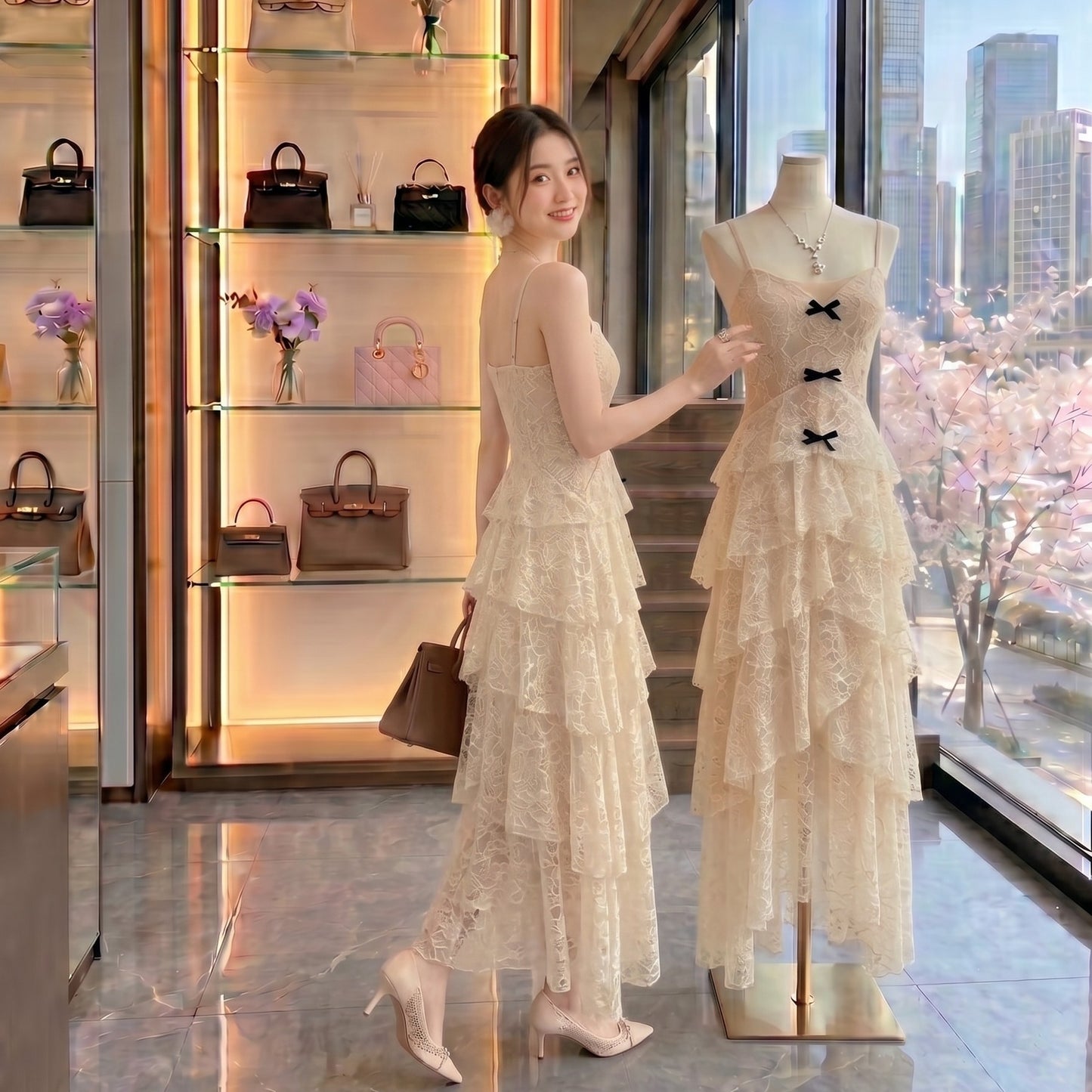 Vintage Ivory Lace Tiered Cami Dress