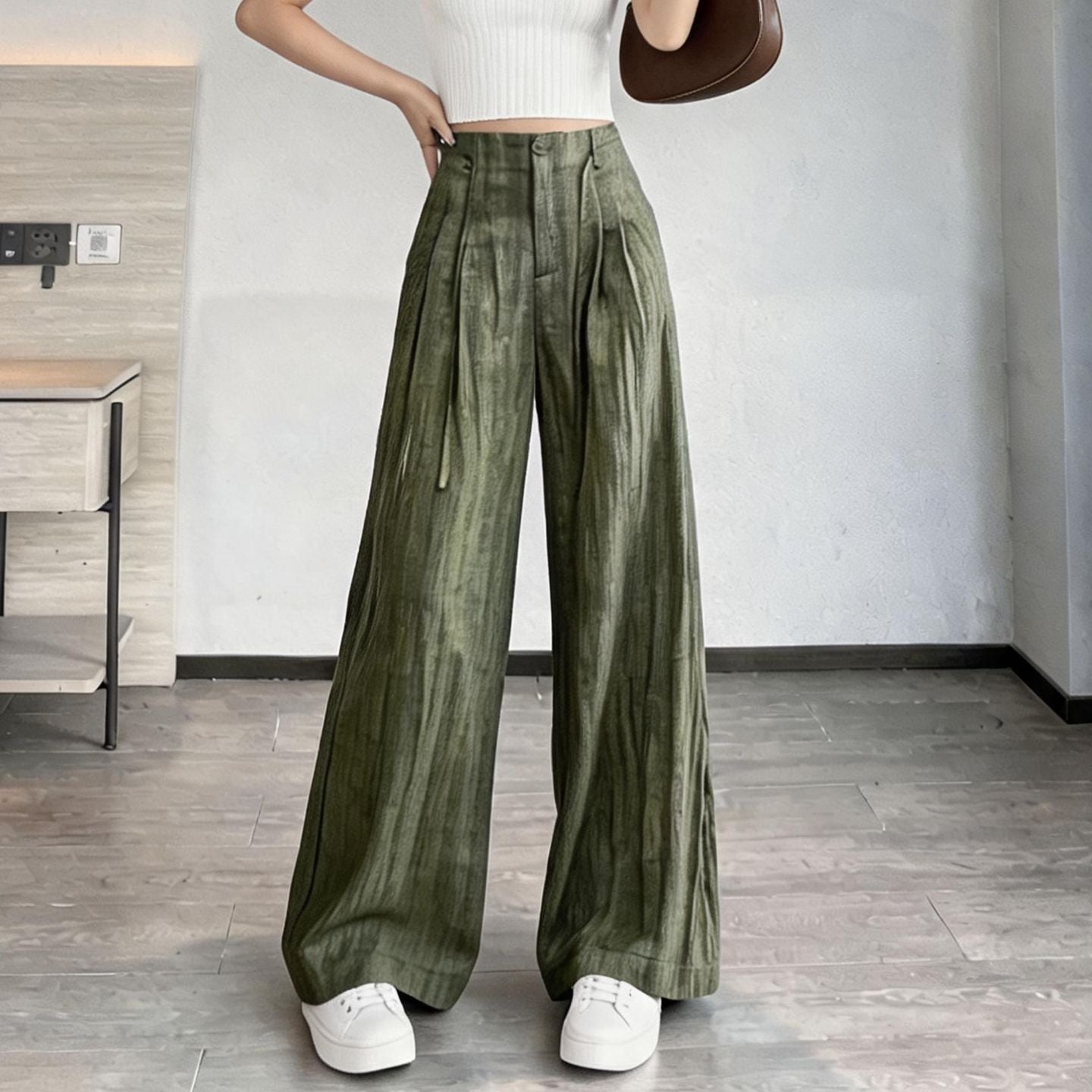 Vintage Moss Sage Pleated Loose Fit Trousers