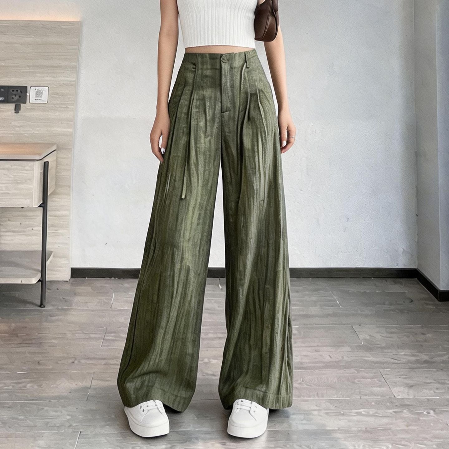 Vintage Moss Sage Pleated Loose Fit Trousers