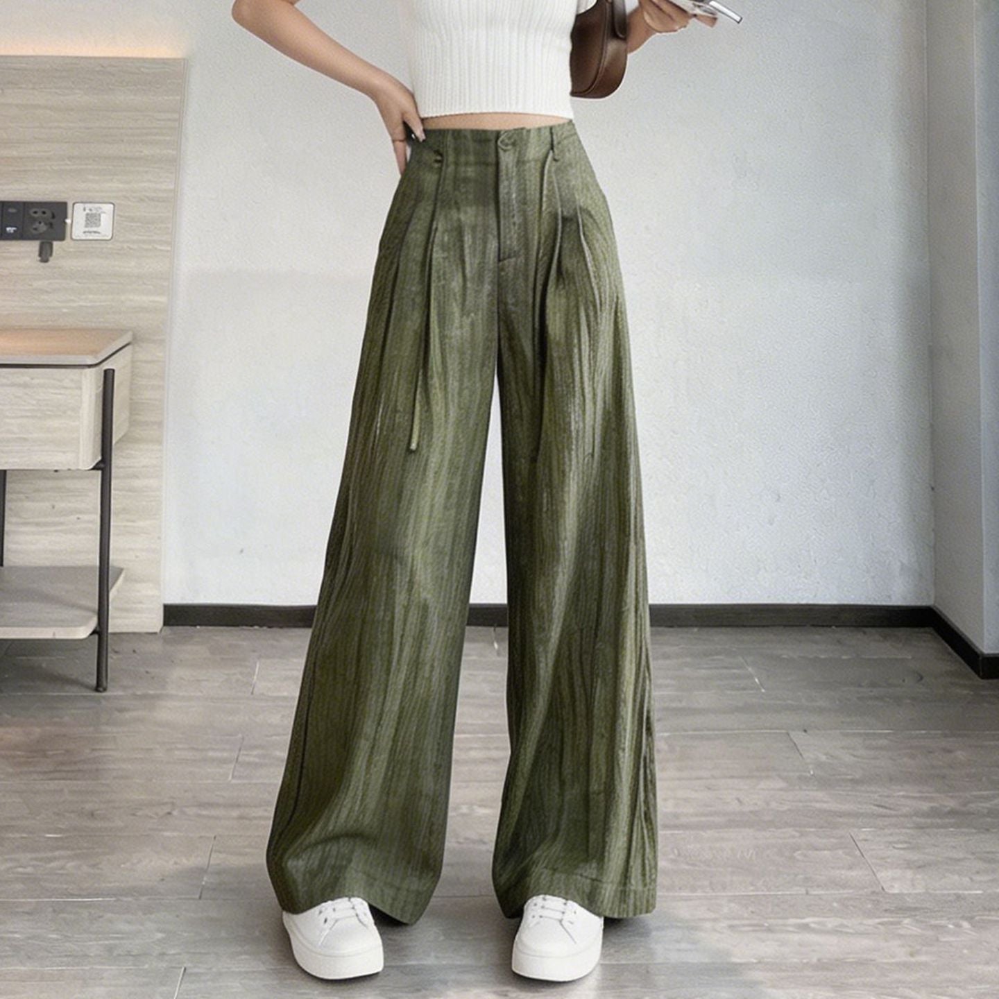 Vintage Moss Sage Pleated Loose Fit Trousers