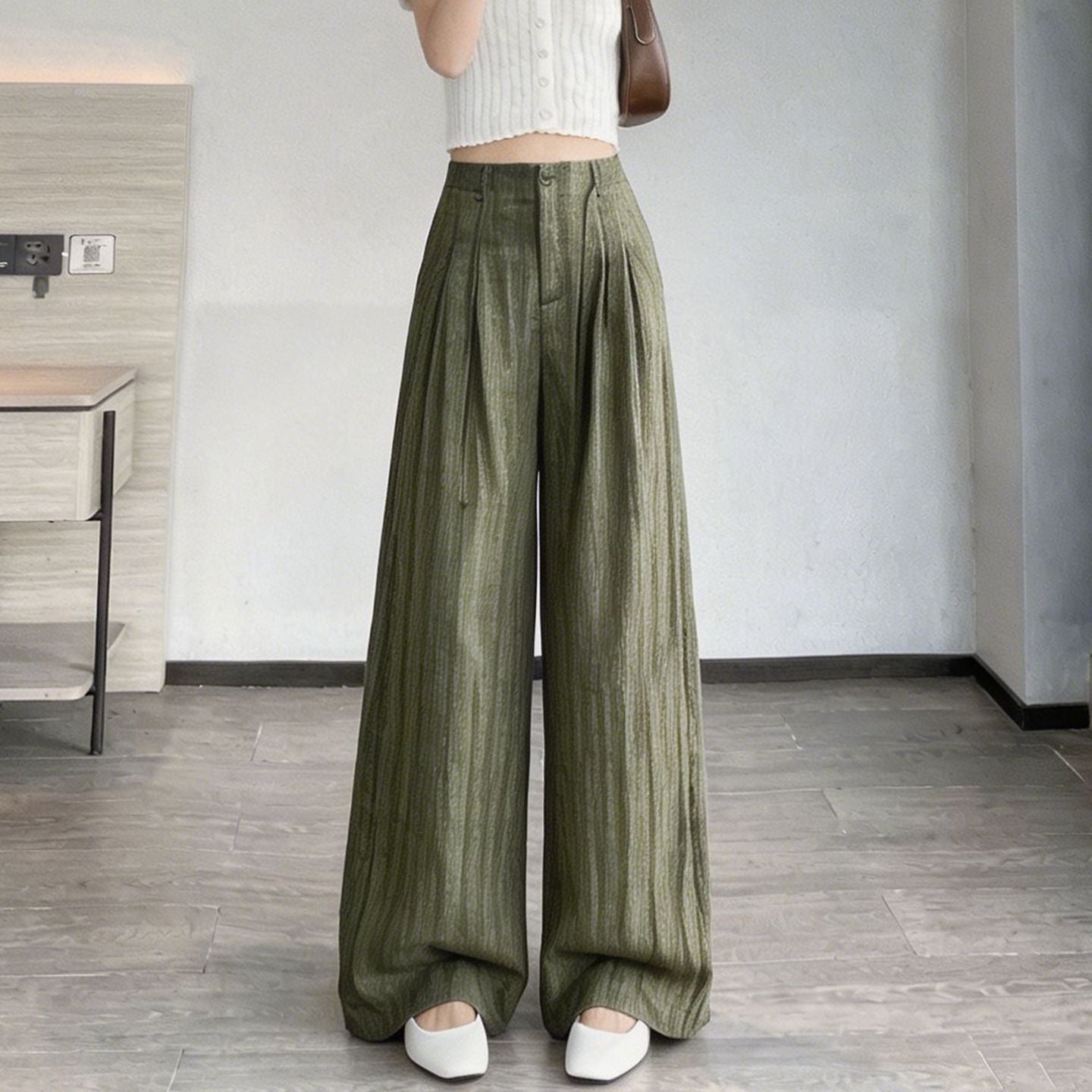 Vintage Moss Sage Pleated Loose Fit Trousers