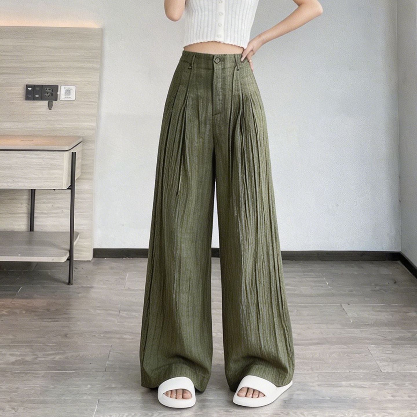Vintage Moss Sage Pleated Loose Fit Trousers