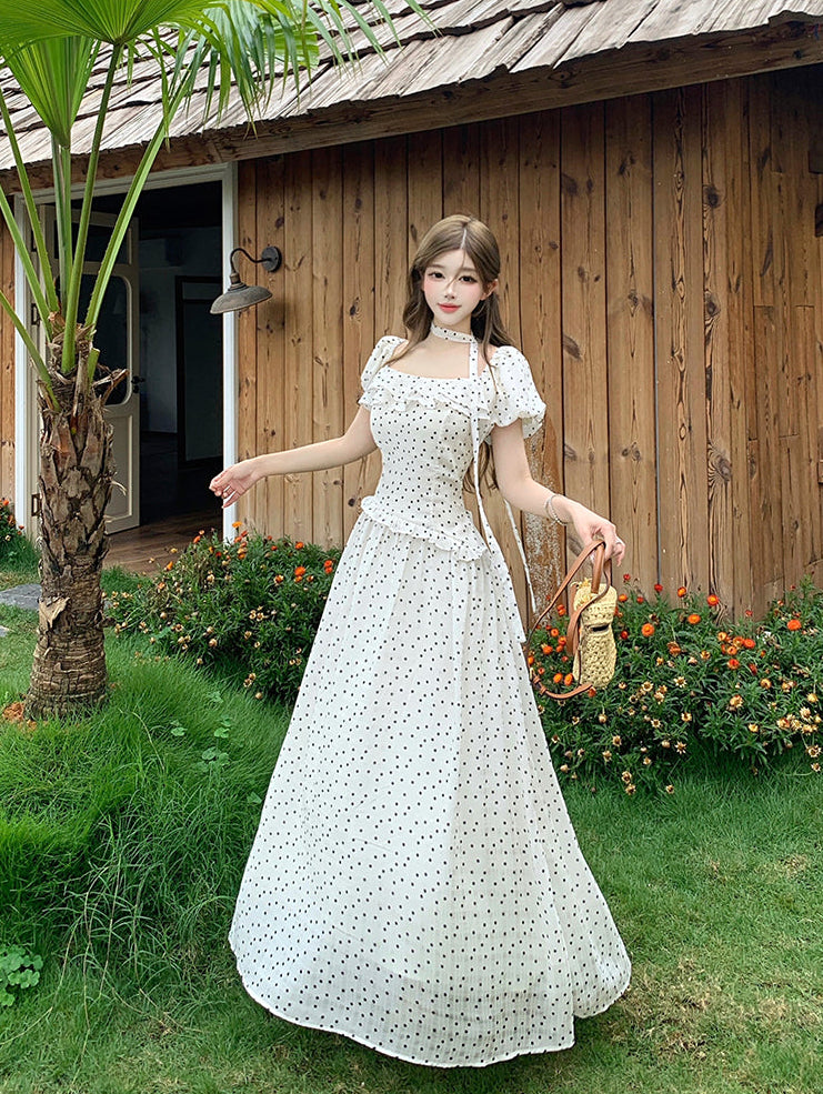 Vintage Polka Dot Puff-Sleeve Maxi Dress with Choker
