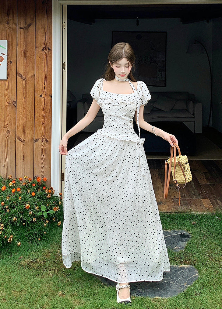 Vintage Polka Dot Puff-Sleeve Maxi Dress with Choker