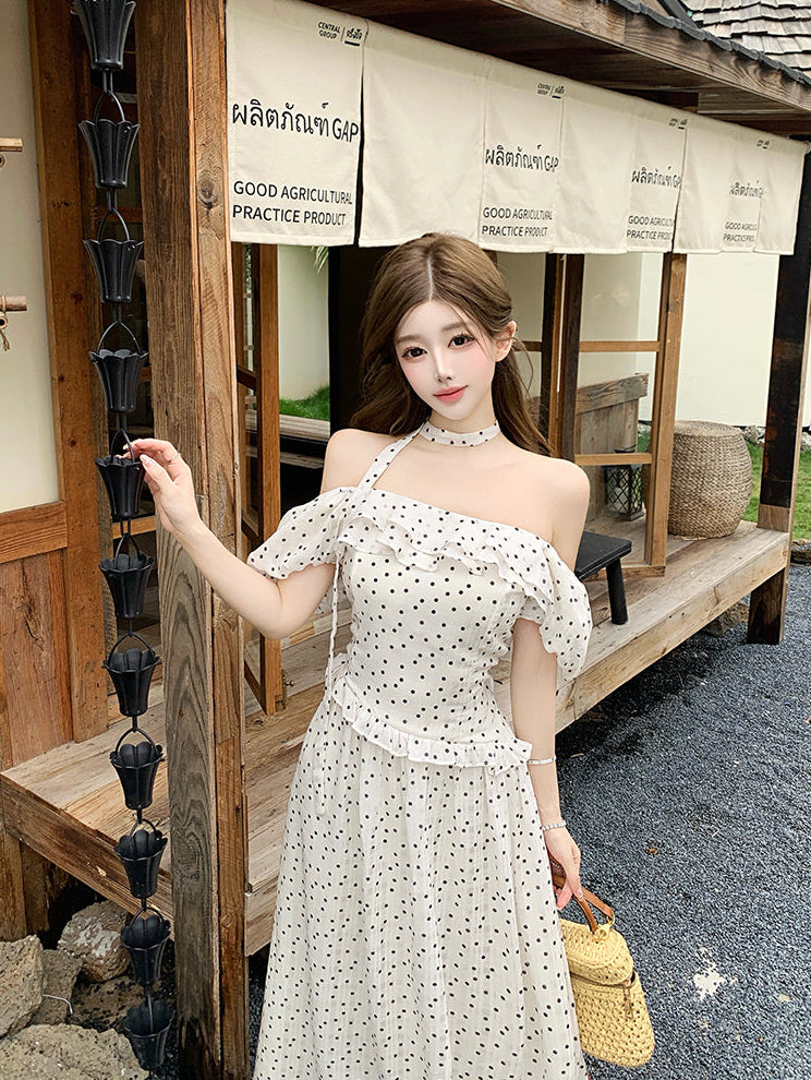 Vintage Polka Dot Puff-Sleeve Maxi Dress with Choker
