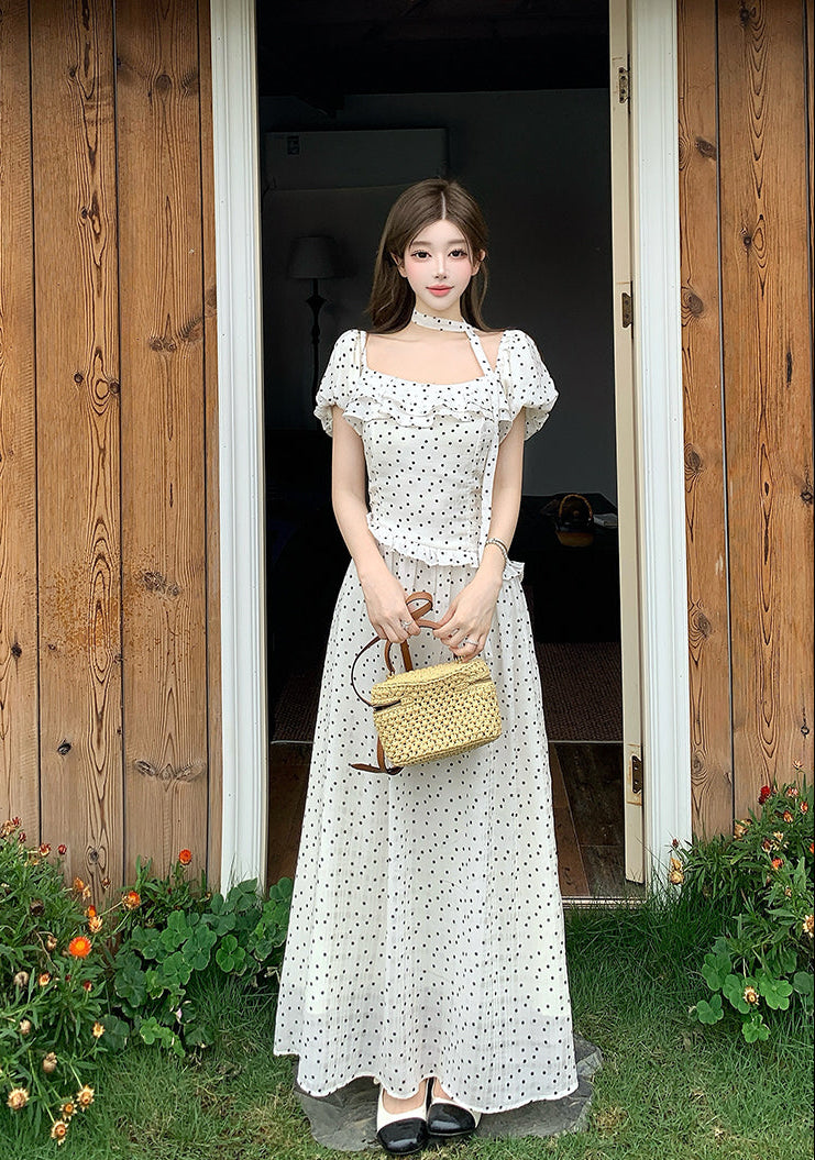 Vintage Polka Dot Puff-Sleeve Maxi Dress with Choker