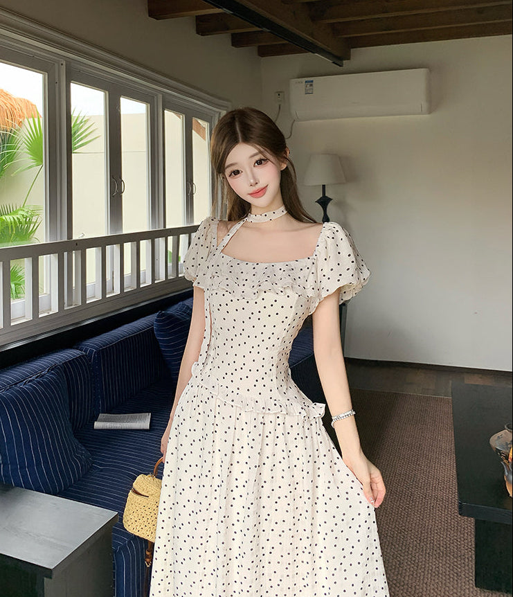 Vintage Polka Dot Puff-Sleeve Maxi Dress with Choker