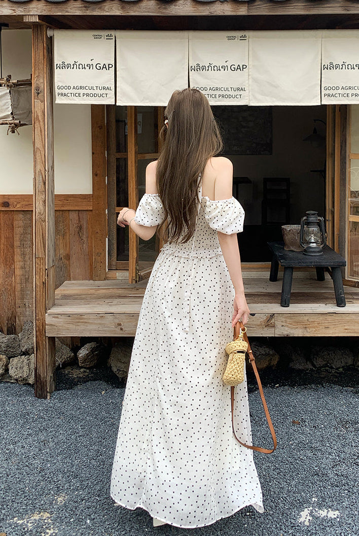 Vintage Polka Dot Puff-Sleeve Maxi Dress with Choker