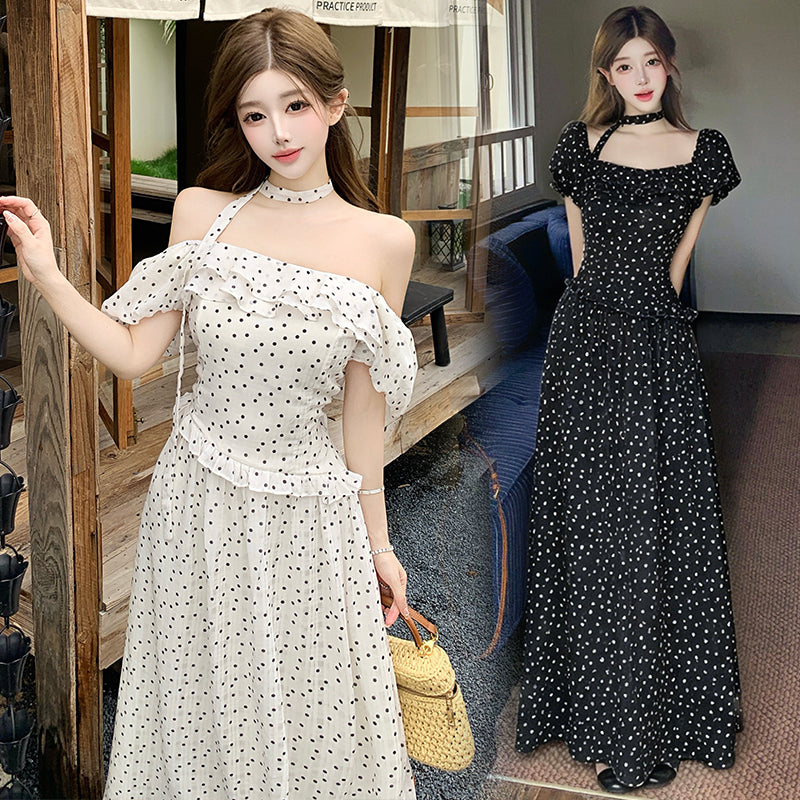 Vintage Polka Dot Puff-Sleeve Maxi Dress with Choker