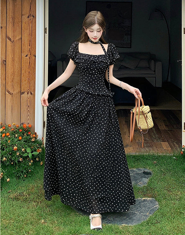 Vintage Polka Dot Puff-Sleeve Maxi Dress with Choker