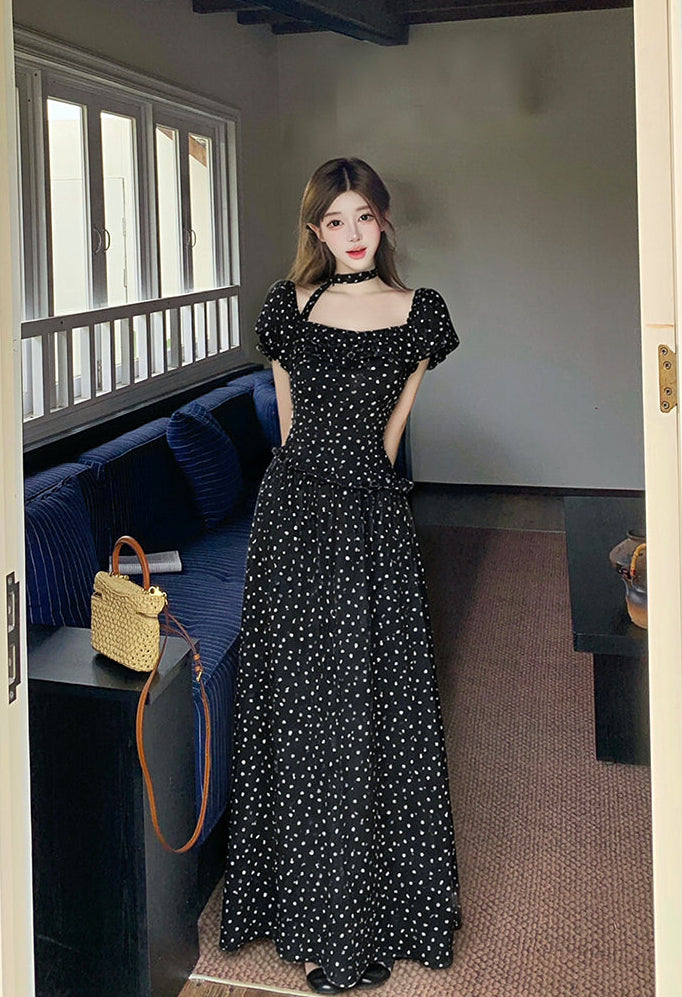 Vintage Polka Dot Puff-Sleeve Maxi Dress with Choker