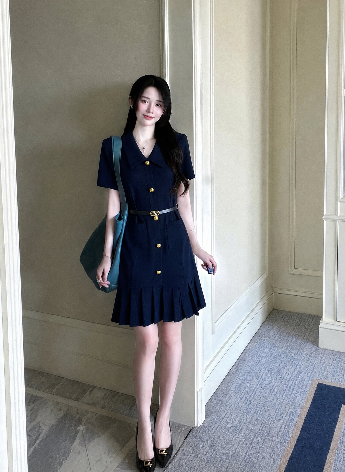Vintage Preppy V-Neck Shirt Dress