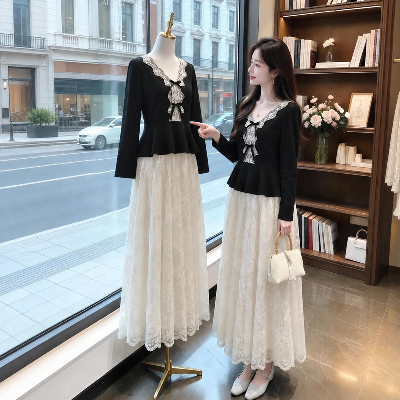 Vintage Romantic V-Neck Lace Patchwork Peplum & Maxi Skirt Set