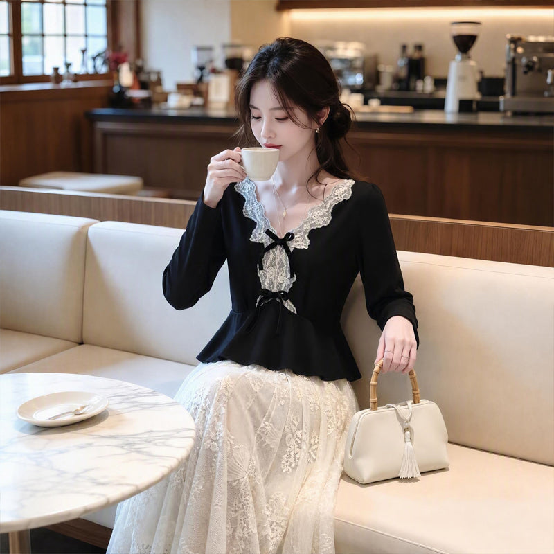 Vintage Romantic V-Neck Lace Patchwork Peplum & Maxi Skirt Set
