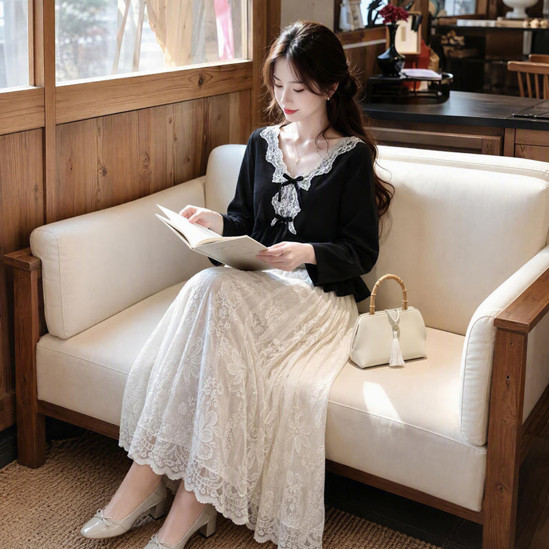 Vintage Romantic V-Neck Lace Patchwork Peplum & Maxi Skirt Set