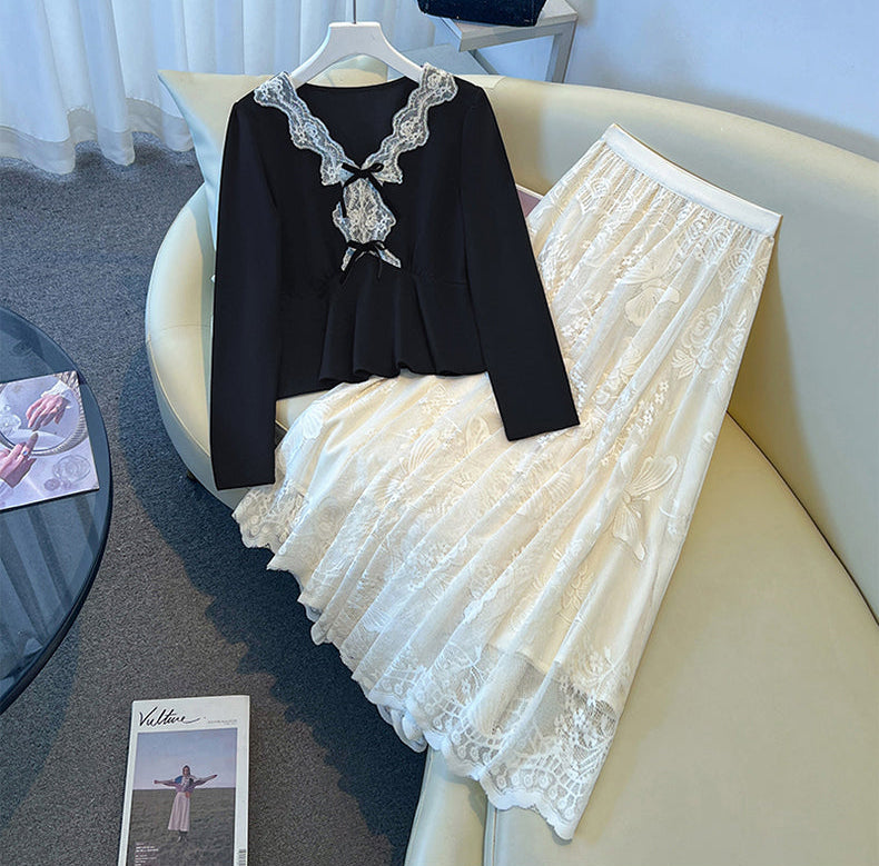 Vintage Romantic V-Neck Lace Patchwork Peplum & Maxi Skirt Set