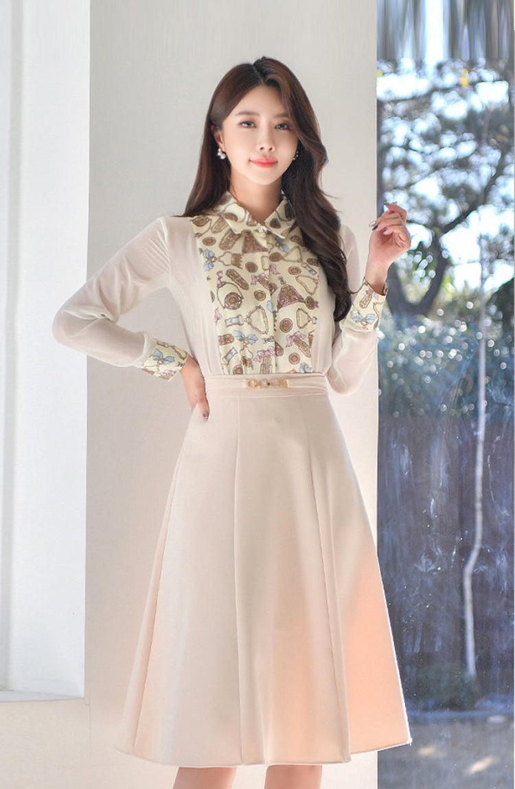 Vintage Scarf-Print Pleated -Two Piece Dress