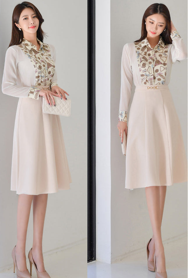 Vintage Scarf-Print Pleated -Two Piece Dress
