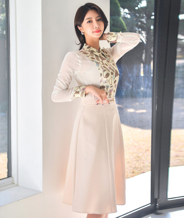 Vintage Scarf-Print Pleated -Two Piece Dress