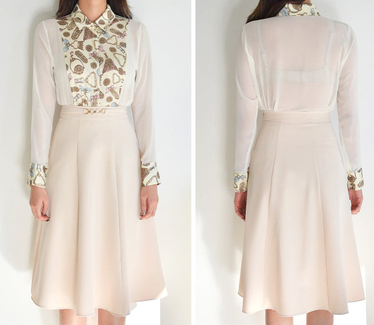 Vintage Scarf-Print Pleated -Two Piece Dress