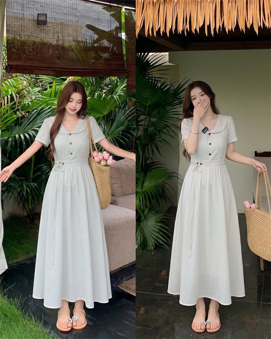 Plus Size Vintage Short Sleeve Button-Down Waist-Tie Midi Dress