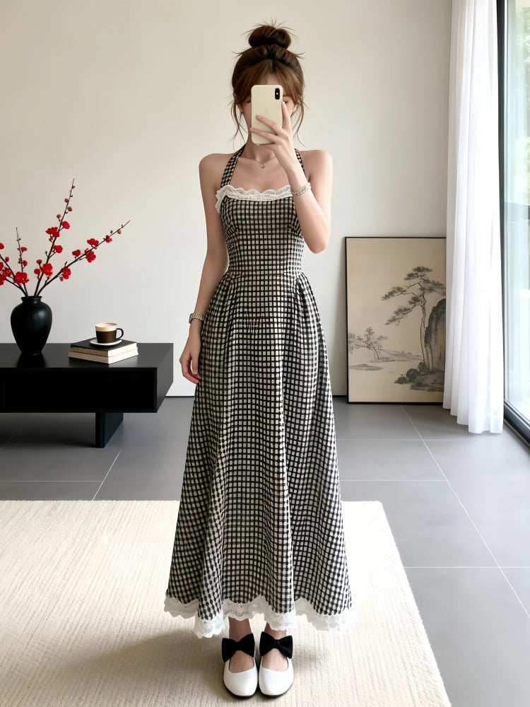 Vintage Style Halter Gingham Dress with Lace Bottom