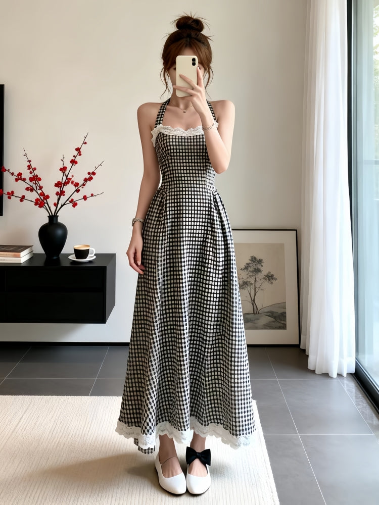 Vintage Style Halter Gingham Dress with Lace Bottom