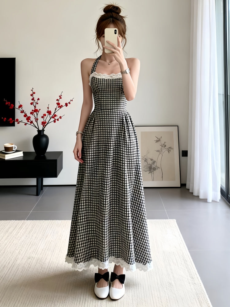 Vintage Style Halter Gingham Dress with Lace Bottom