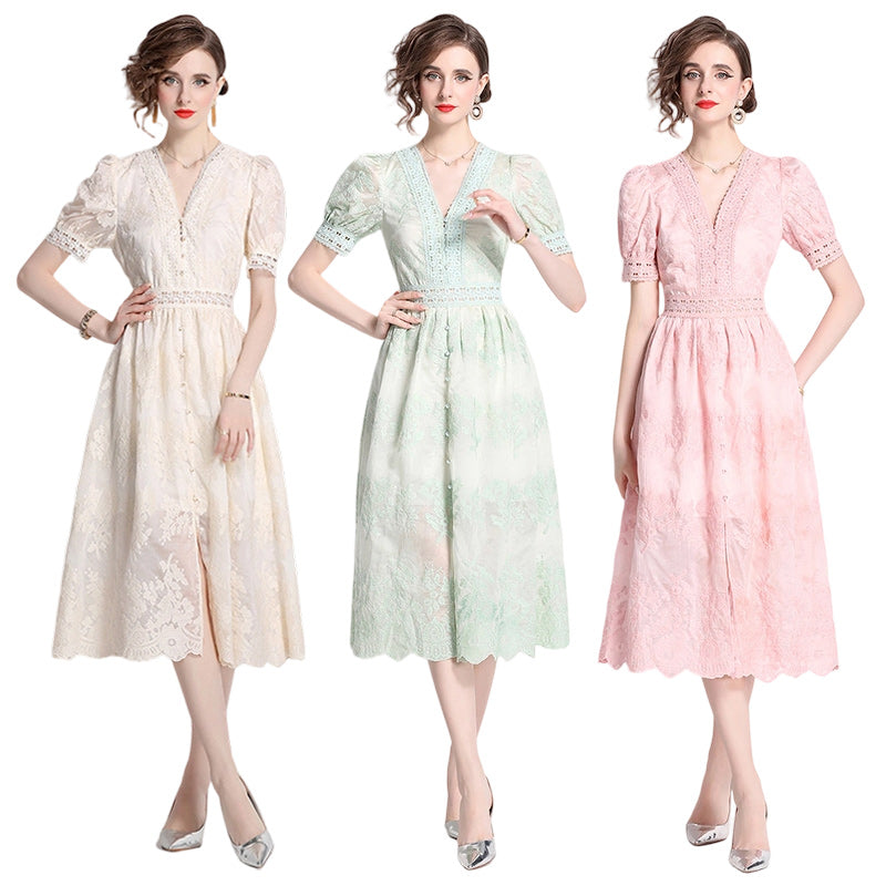 Vintage V-Neck Crochet Lace Button-Down Dress