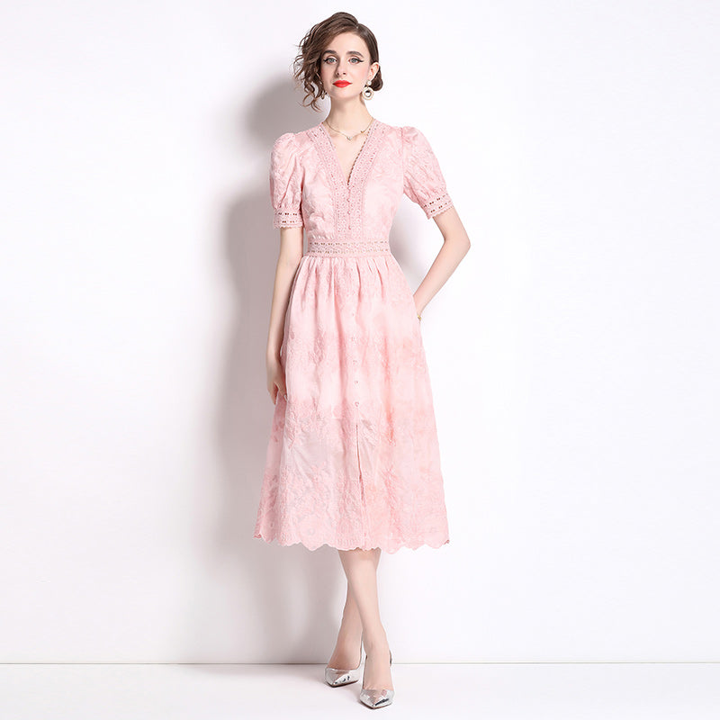 Vintage V-Neck Crochet Lace Button-Down Dress