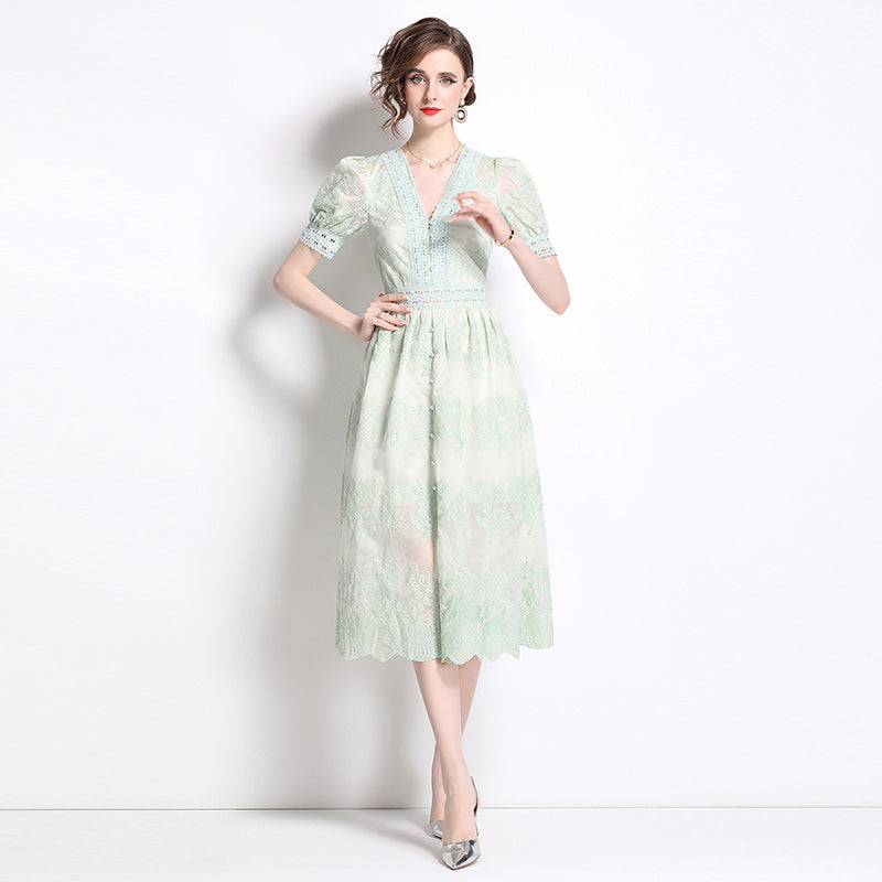 Vintage V-Neck Crochet Lace Button-Down Dress