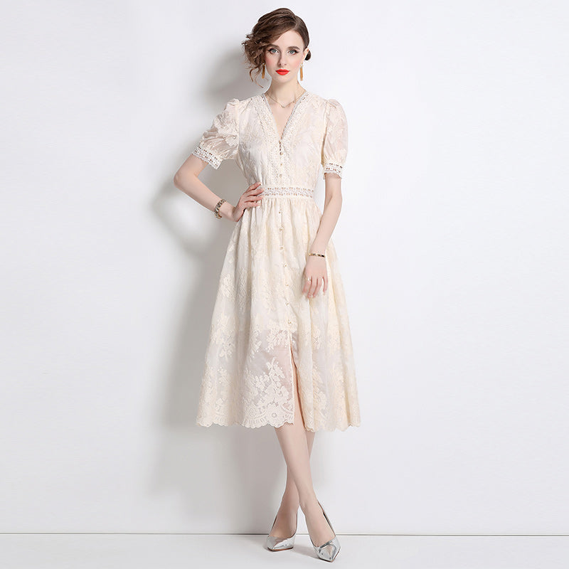 Vintage V-Neck Crochet Lace Button-Down Dress