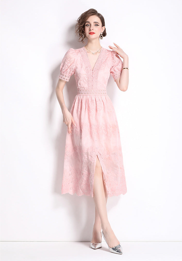 Vintage V-Neck Crochet Lace Button-Down Dress