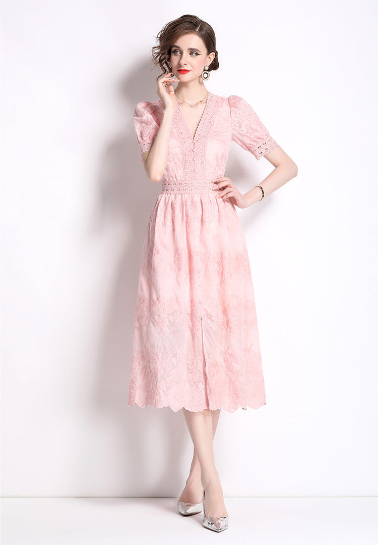 Vintage V-Neck Crochet Lace Button-Down Dress