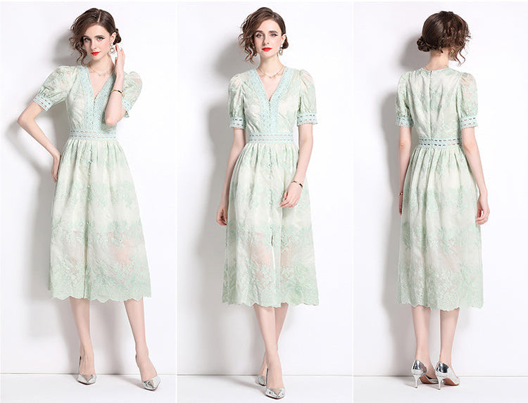 Vintage V-Neck Crochet Lace Button-Down Dress